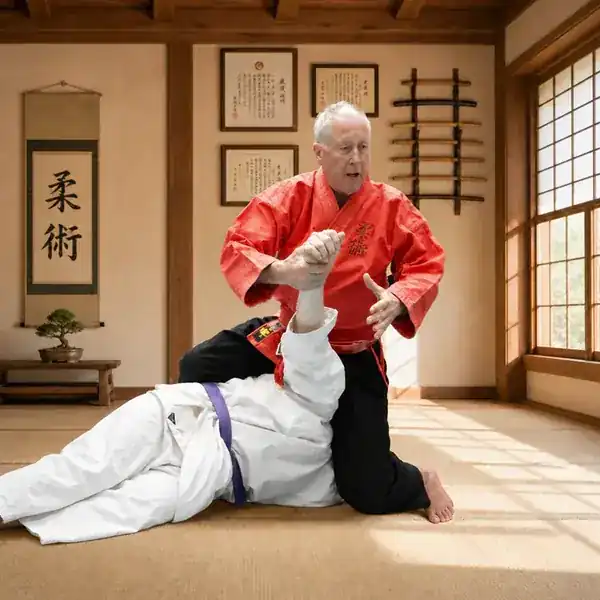 Ju-Jitsu instructor giving focused arm-lock coaching to a student