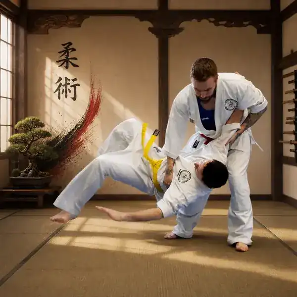 Yellow-belt Ju-Jitsu students practising a throw