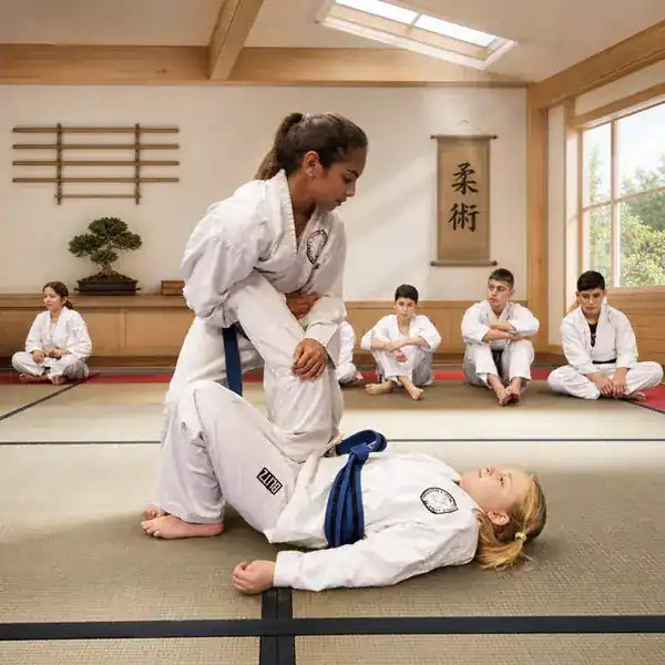 Children practising a supervised Ju-Jitsu joint lock